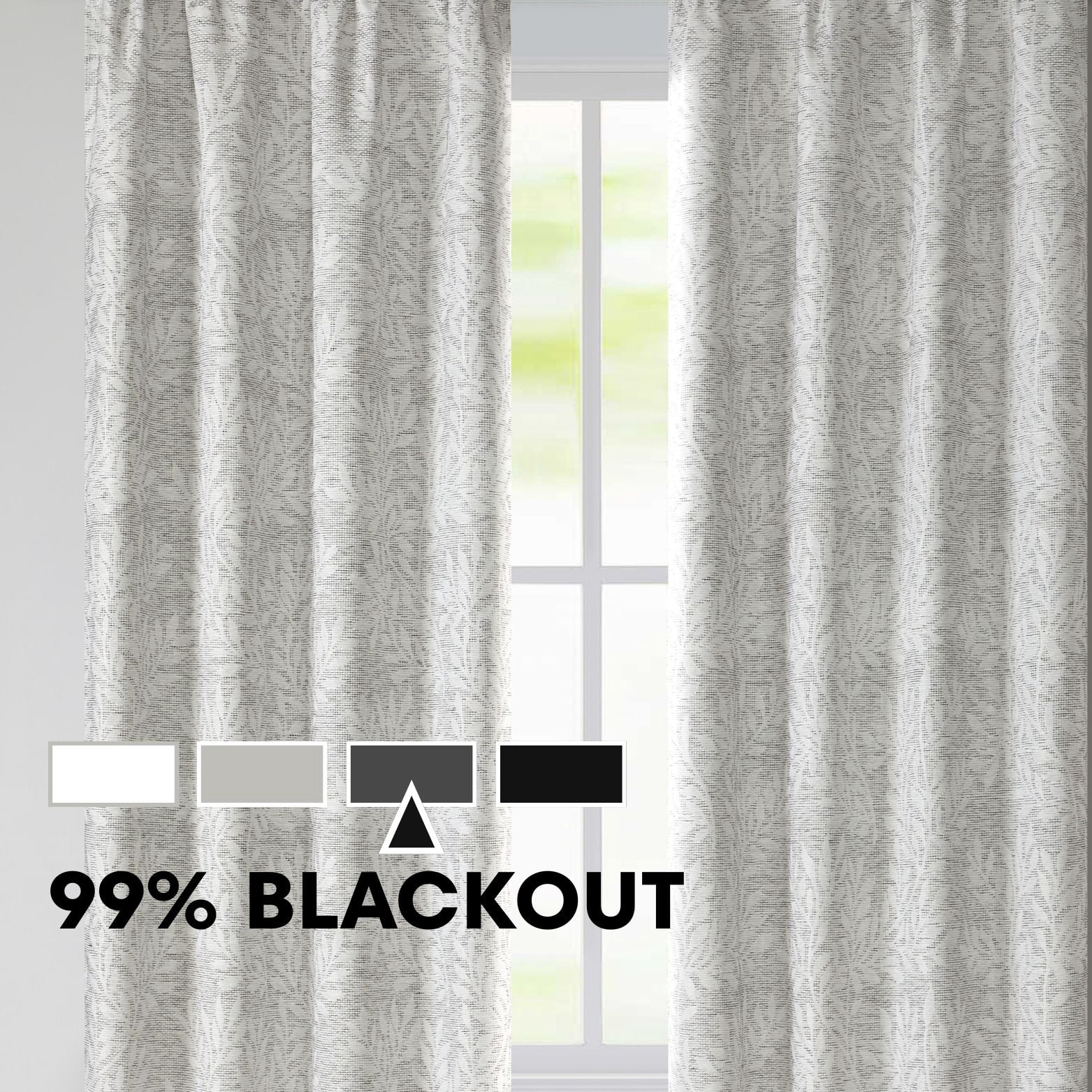 Mainstays Blackout Curtain Printed Jacquard Panel Pair, Set of 2 Ready Made Curtains, Silver Botanical, 37" W x 95" L