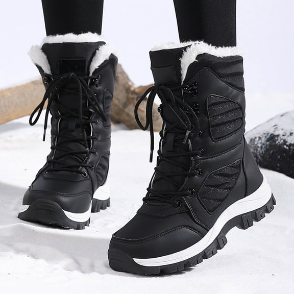 XIMIN Women Platform Puffer Boots High Top Fuzzy Lined Lace Up Waterproof Comfort Warm Fur Lined Lightweight Non Slip Winter Warm Snow Booties