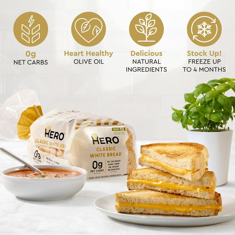 Hero 0g Net Carb Classic White Bread, 45 Calories Per Slice, High
