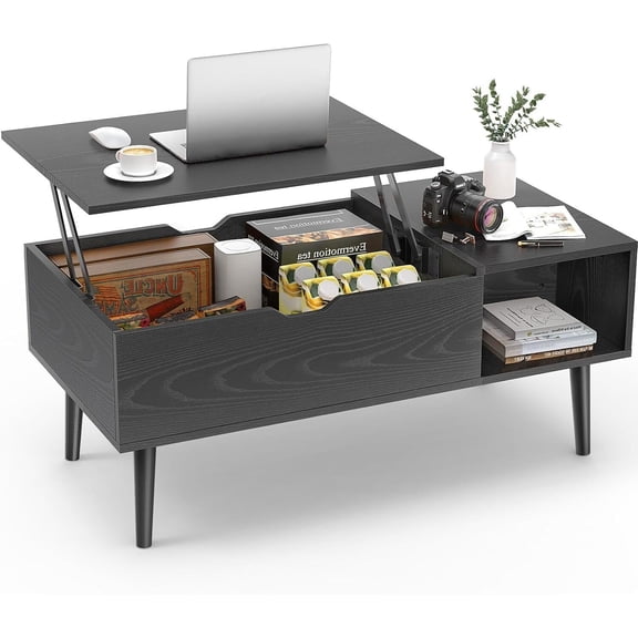 Coffee Table Lift Top Coffee Tables for Living Room,Small Rising Wooden Center Tables with Storage Shelf and Hidden Compartment, Black