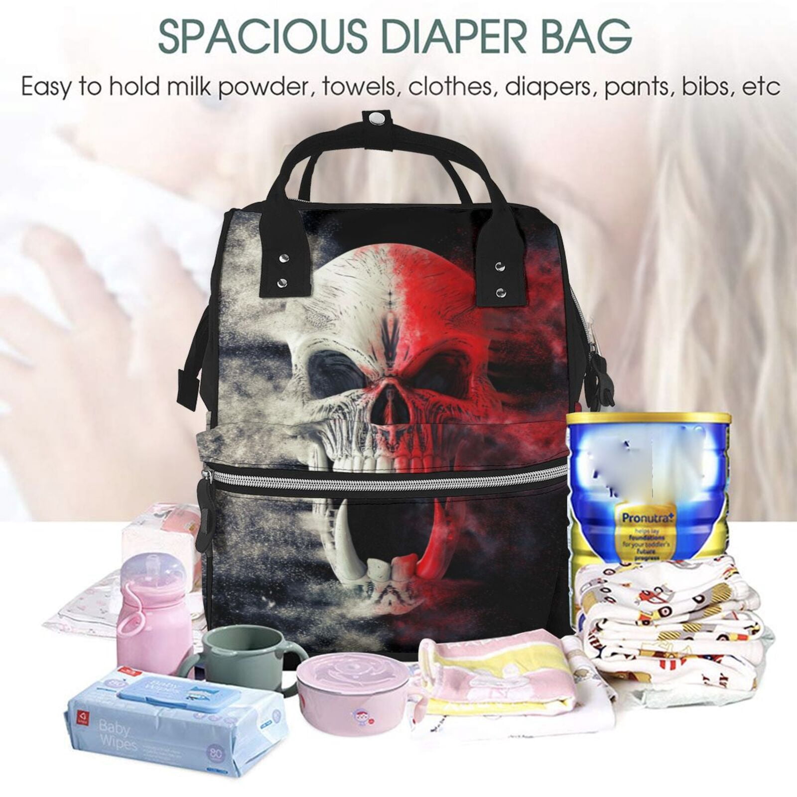 Ratiio Red And White Screaming Demon Skull Mummy Backpack - Waterproof Twill Canvas, Large Capacity Diaper Bag with Multiple Pockets and Adjustable Straps