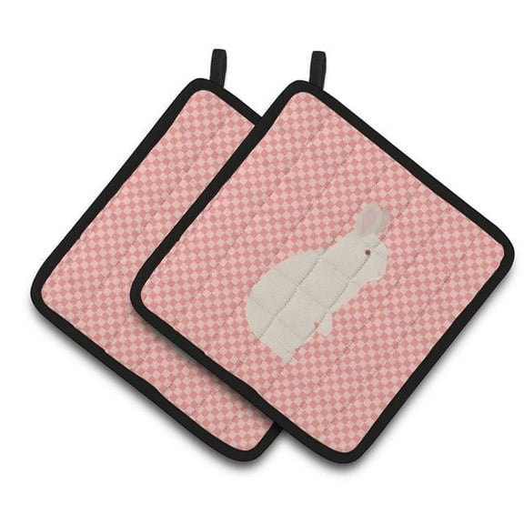 Caroline's Treasures New Zealand White Rabbit Pink Check Pair of Pot Holders