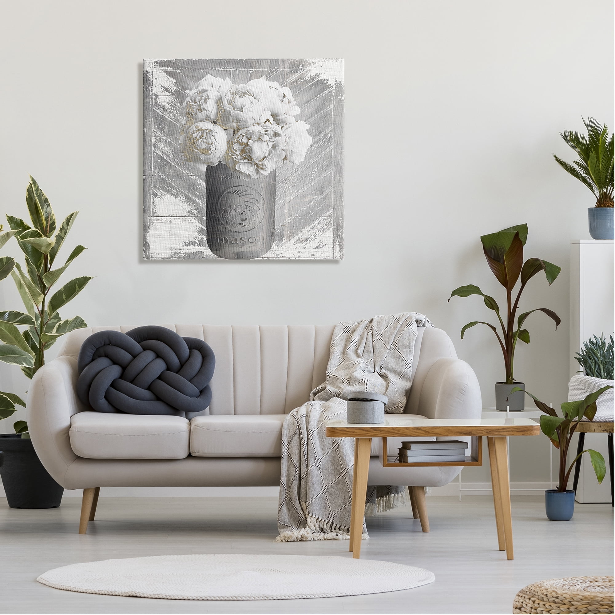 Stupell Industries Rustic Mason Jar White Peonies Flowers Grain Pattern Graphic Art Gallery-Wrapped Canvas Print Wall Art, 30x30, by Mindy Sommers