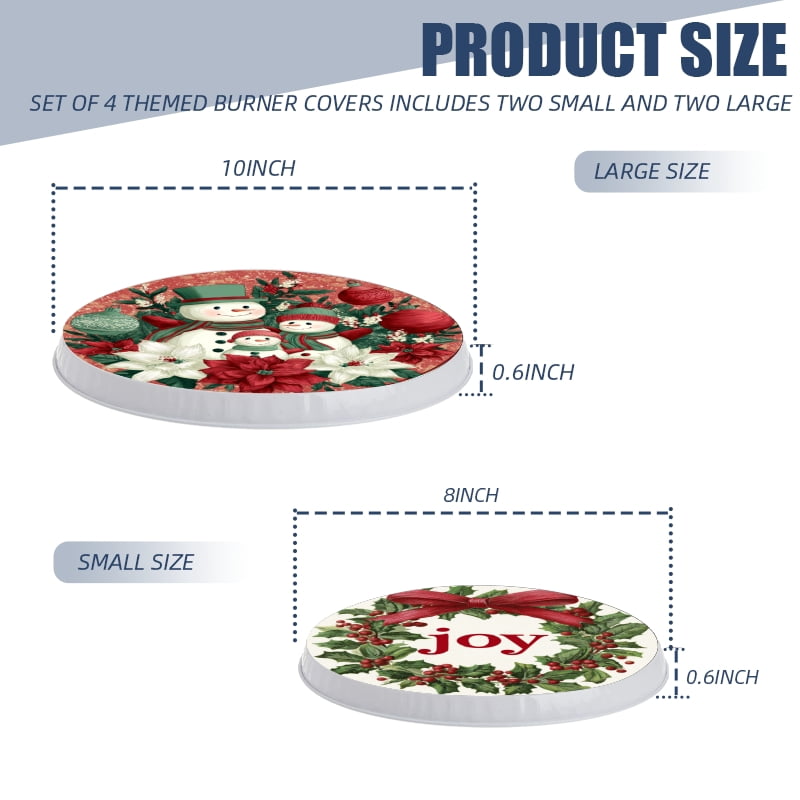 4 Pcs Christmas Gas Stove Burner Cap Set, Merry Christmas Joy with White Border Durable Round Gas Stove Burner Covers Set of 4 for Kitchen Xmas Decor, 8 Inches and 10 Inches