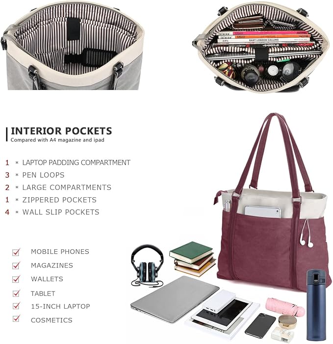 Lohol 15.6" Laptop Tote Bag for Women Fahion Work Purse with Zipper Pockets for Teachers Burgundy