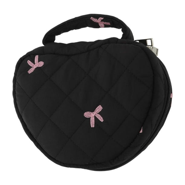 Bolsa de maquillaje bordada en forma de corazón con lazo para viajar, poliéster negro