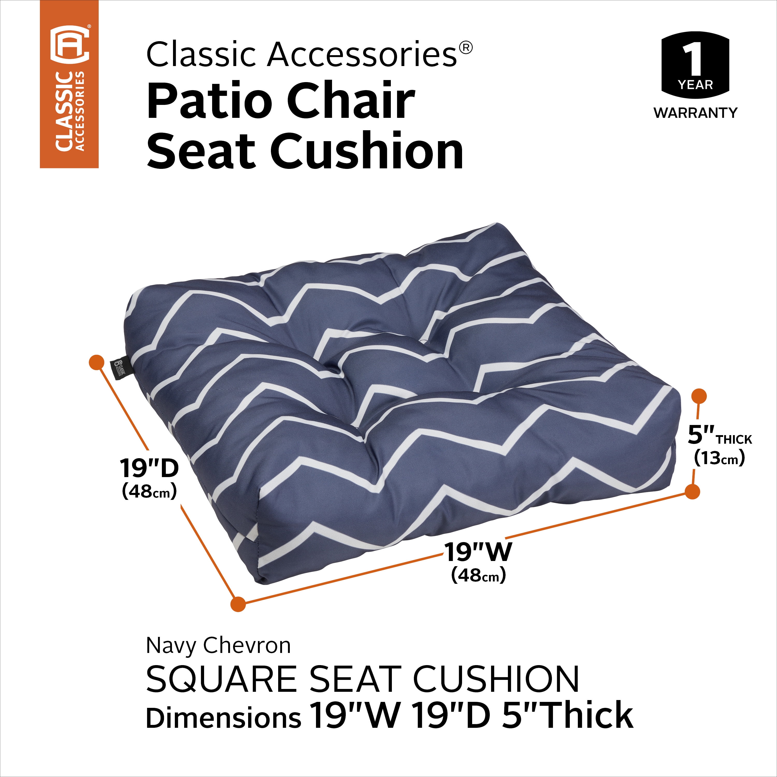Classic Accessories Water-Resistant 19 x 19 x 5 Inch Square Patio Seat Cushion, Navy Chevron, 2-Pack