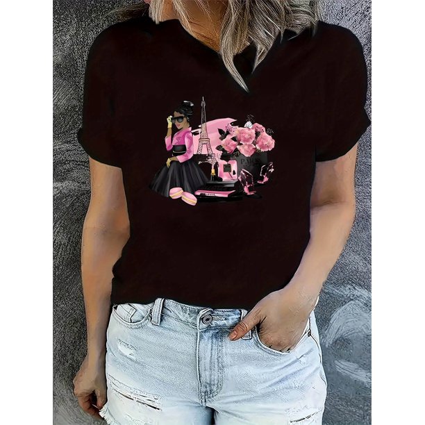 Camiseta de manga corta con cuello redondo y estampado floral de dibujos animados, top deportivo informal de verano de manga corta con cuello redondo, ropa de mujer, camiseta deportiva de ocio.