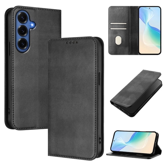 Wallet Case for Samsung Galaxy S26 Plus, Short Strap PU Leather Case, Premium PU Leather Kickstand Magnetic Folio Cover for Galaxy S26 Plus with Card Holder, Support Wireless Charging - Black