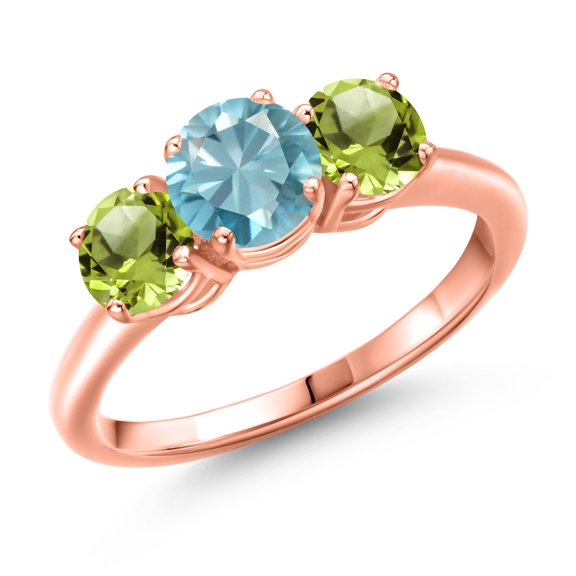 Gem Stone King 18K Rose Gold Plated Silver Blue Zircon and Green Peridot Engagement Ring for Women | 2.30 Cttw | Round 6MM | Gemstone Birthstone | Size 7
