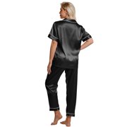 DAKIMOE Silk Satin Pajamas Set for Women Two-Piece Short Sleeve Shirt with Long Pajama Pant Set Soft Button Down Loungewear Nightwear Pjs Sleepwear for Women