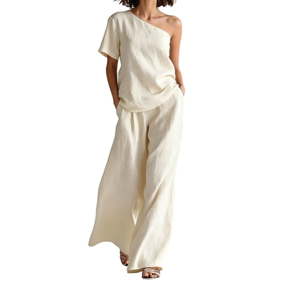 Guluxicc 2 Piece Women's Matching Sets One Shoulder Short Sleeve Top Loose Fit Wide Leg Pants with Side Pockets Casual Trendy Outfits