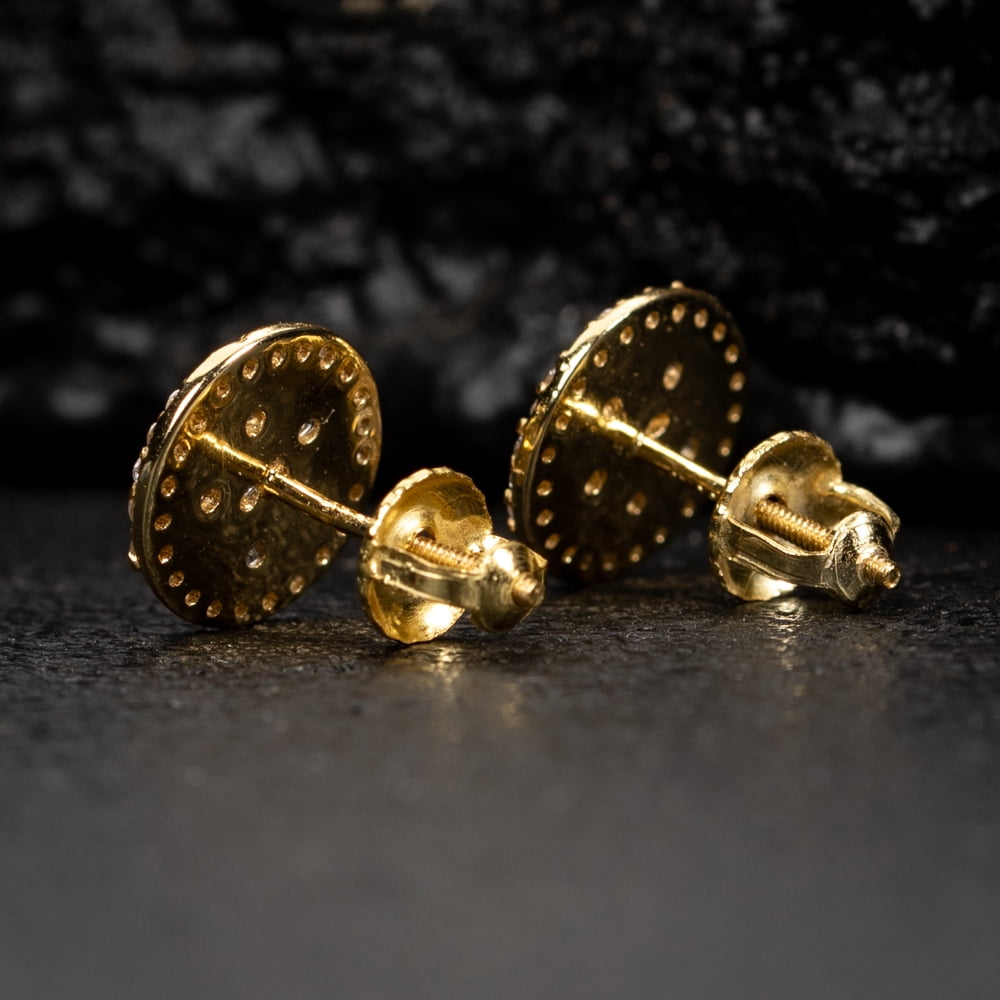Men’s Round 14K Yellow Gold Plated 925 Sterling Silver Screw Back Post Circle Retro 90's Cz Hip Hop Solid Gold Nugget Stud Earrings