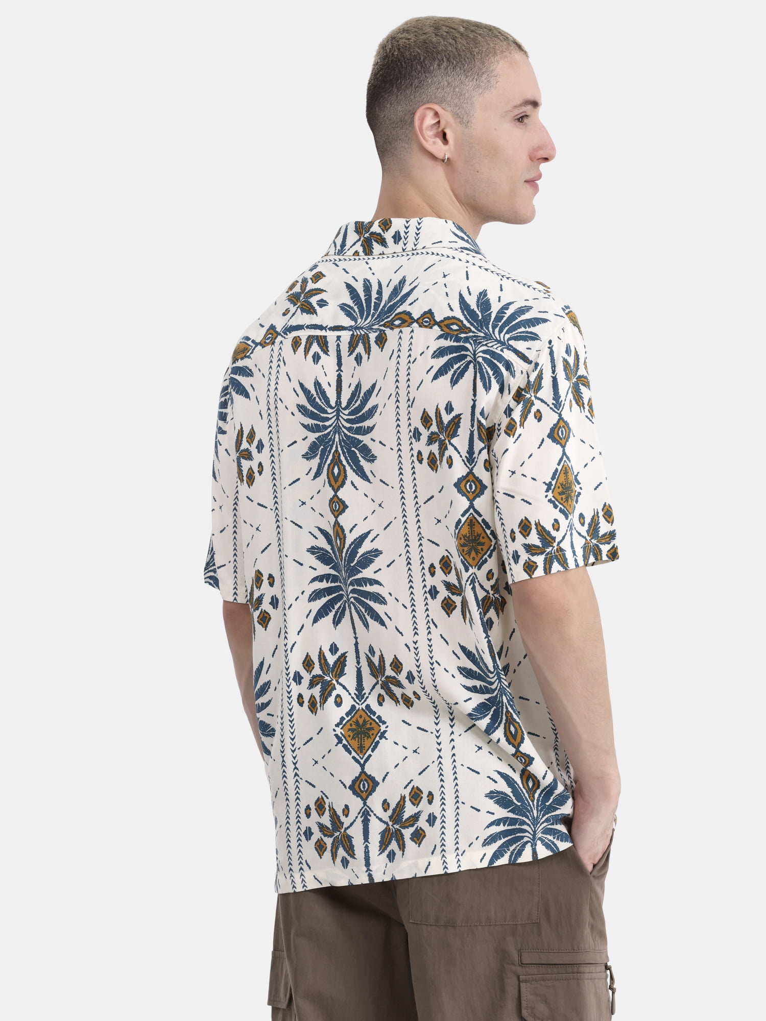No Boundaries Men's & Big Men's Rayon Print Button Up Shirt with Short Sleeves, Sizes XS-5XL