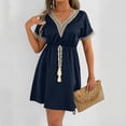 thumbnail image 7 of Efsteb Womens A line V Neck Dress with Pockets Solid Color Short Sleeve Waist Retraction Dress (Dark Blue,L), 7 of 7