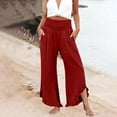 thumbnail image 5 of Women Linen Pants Summer Ruffle Wide Leg Palazzo Pants Dressy Smocked Waist Wide Leg Pant Boho Flowy Beach Pant Wine M, 5 of 7