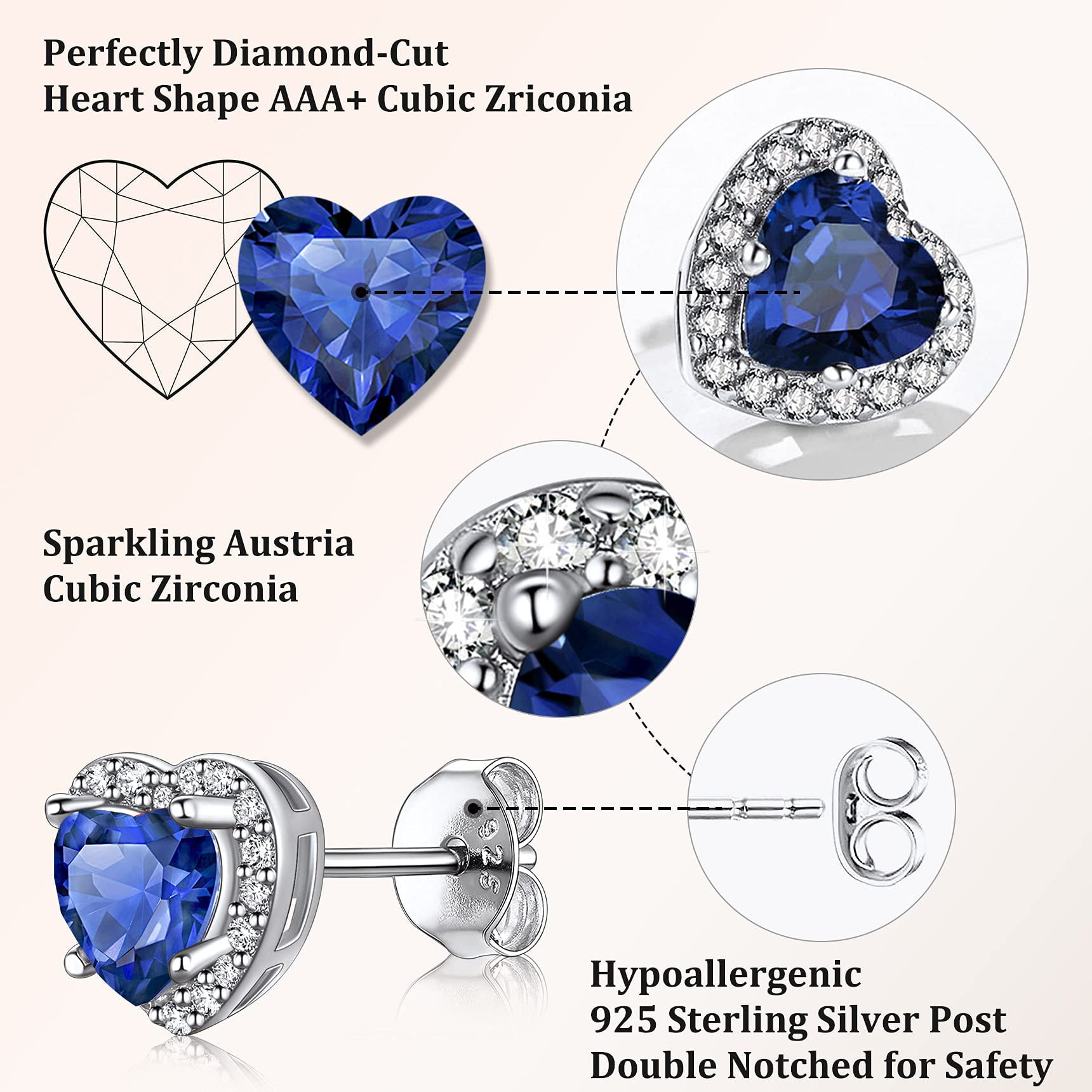 Bestyle Birthstone Stud Earrings for Women, Pure 925 Sterling Silver Heart Created Diamond Studs Earrings Wedding Graduation Birthday Gifts - September