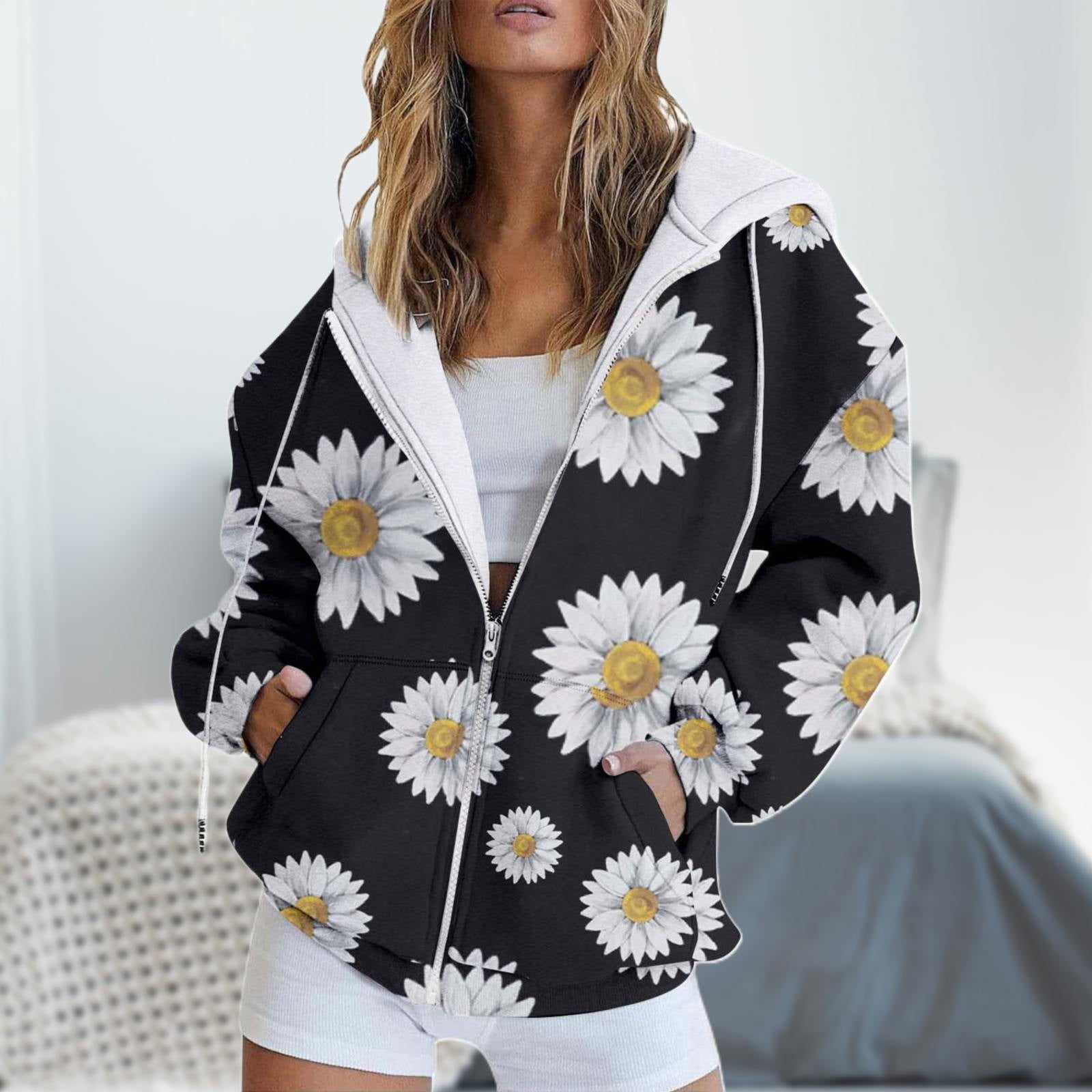 Winter Fall Floral Print Casual Pockets Long Sleeve Jacket Cute Drawstring Hoodie Zipper Women's Hooded Sweatshirt