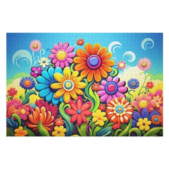 Puzzles for Adults 300 Pieces - Cartoon Grass With Large Colorful Flowers Funny Puzzle - Unique Brain Teaser, for Puzzle Enthusiasts