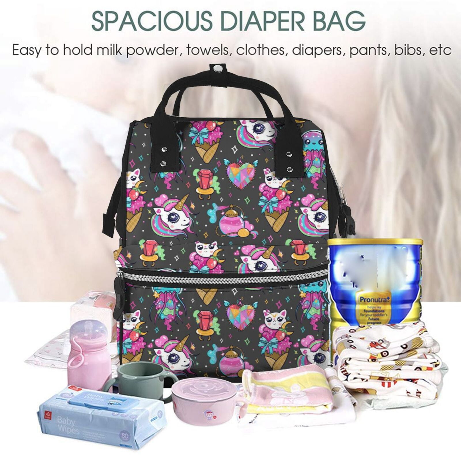 Defioc Rainbow Unicorn And Cat Icecream for Baby Diaper Bag Backpack - Baby Bag for Boys & Girls - Diaper Backpack - Large Travel Diaper Bags- Baby Registry Search & Shower Gifts
