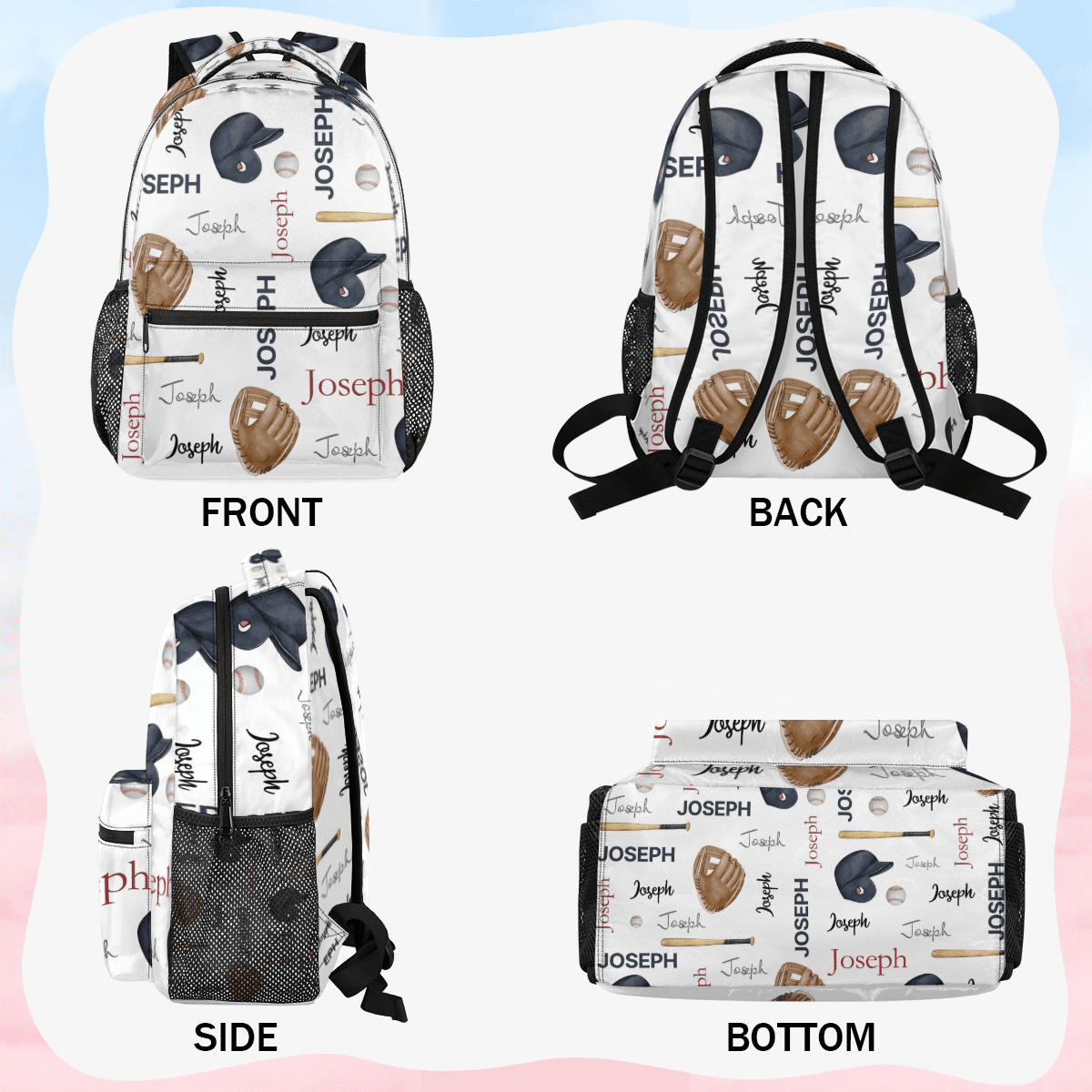 Jiaoprinted Custom Baseball Bat Cup Ball Backpack with Name, Personalized Lightweight Casual Daypack for Women Men, Customized 18 Inch Travel Back Pack