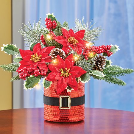Christmas Dinner Table Arrangements Lighted Santa Christmas Centerpiece Arrangement with Santa Suit Sequined Base and Frosted Evergreen Branches ()