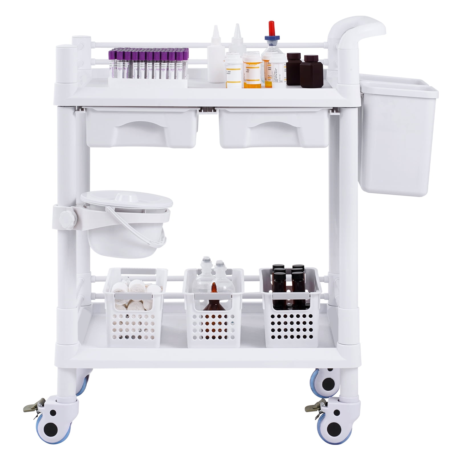 VEVOR 2 Tiers Lab Carts, Lab Utility Cart with 2 Trays, 2 Drawers & 4 Silent Wheels, Mobile Medical Cart with PP Material, Lab Rolling Cart with 3 Trash Cans for Lab, Clinic, Hospital, Salon, White