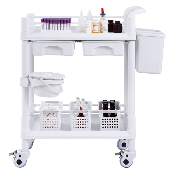 SKYSHALO Mobile Utility Cart, 2-Shelf Design with Dual Drawers & Quiet Casters, Durable PP Construction, Includes 3 Waste Bins, Ideal for Laboratories, Clinics, Hospitals & Salons, White