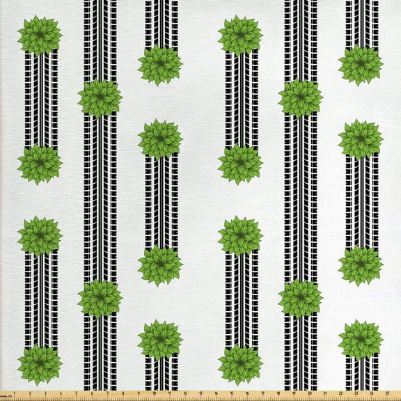 Abstract Upholstery Fabric by the Yard, Grunge Pattern Tire Track Silhouettes and Bushes on Plain Backdrop, Decorative Fabric for DIY and Home Accents, White Black and Lime Green by Ambesonne