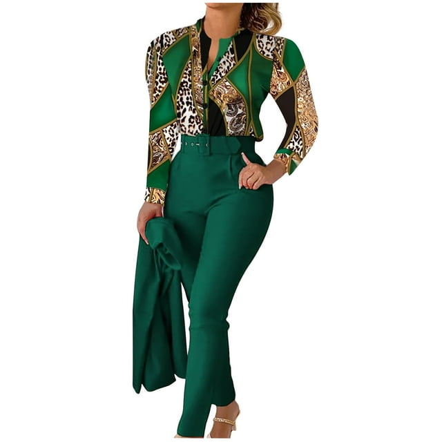 DPTALR Women V-neck Printed Long Sleeved Top Add Solid Color Pants Set With Belt