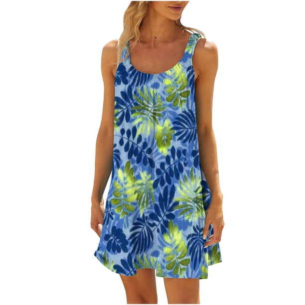 Vestido sin Mangas para las Mujeres Casual Impreso Cuello Redondo Suelto de Rodilla, Verano Vestido de Primavera para el Día Y el Trabajo