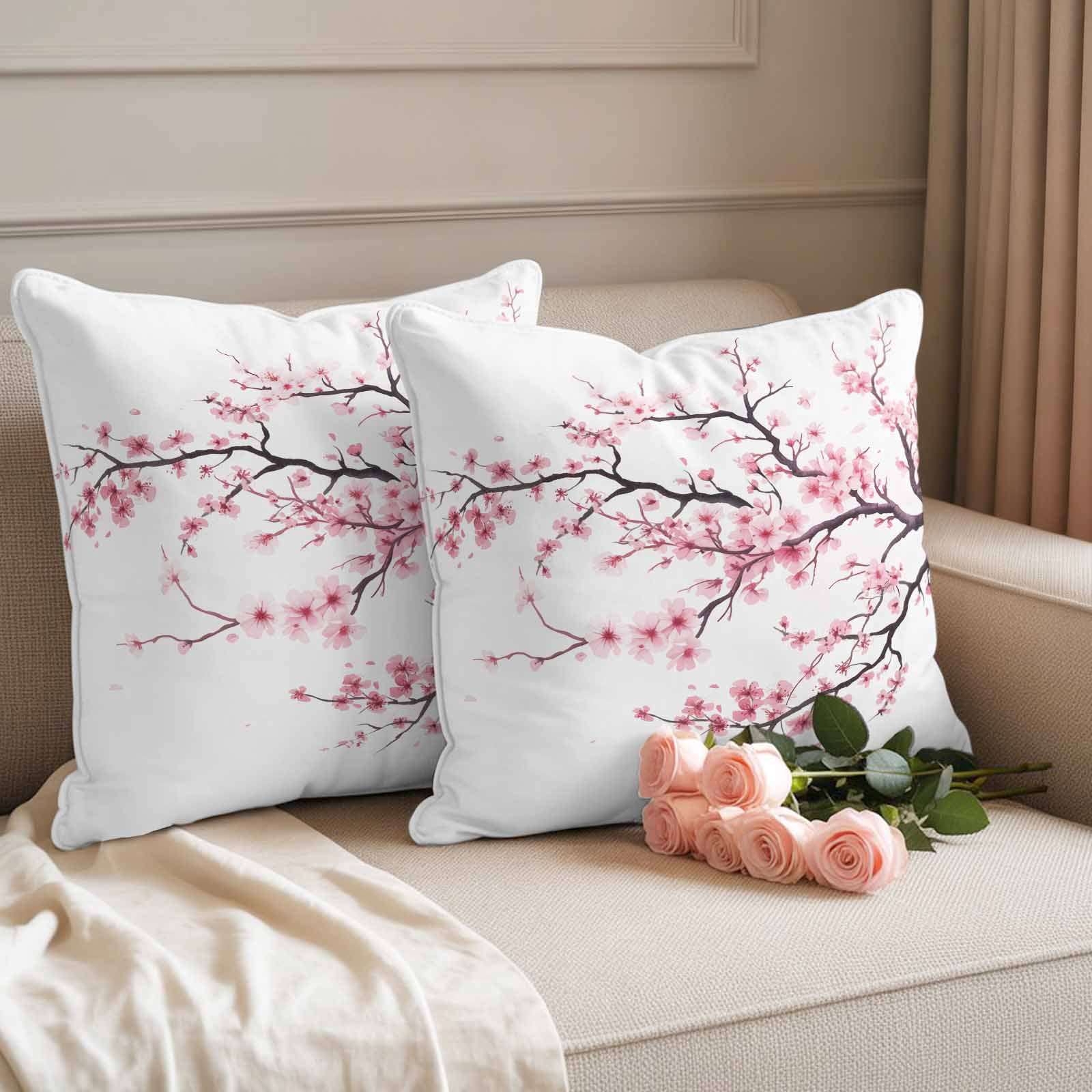 Cherry Flowers Pillow Covers 2 Pack Pink Floral Branch Spring Watercolors Pillowcase Waterproof Outdoor Throw Pillow Cover for Patio Garden Square Cushion 18”x18”