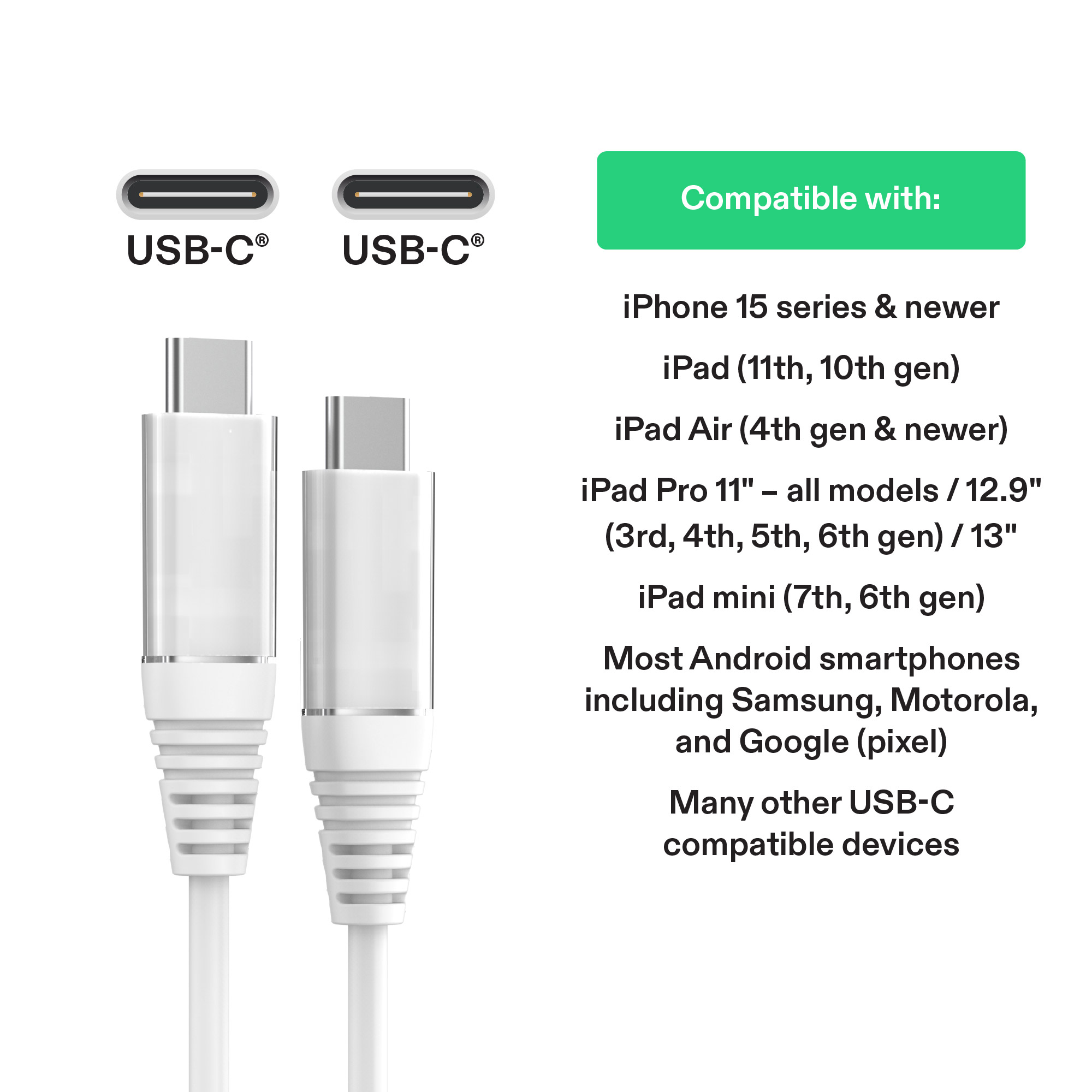 Cable de carga onn de 6 pies USB-C a USB-C, carga rápida, certificado USB-IF, compatible con iPhone 16 y 15, iPad Pro, Samsung Galaxy, Note, Pixel y más - Blanco 4
