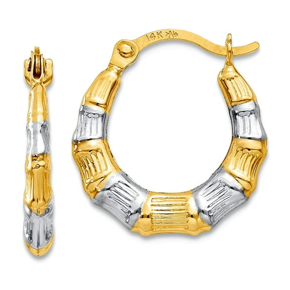 14k Yellow Gold Hinged post and Rhodium Hollow Bamboo Hoop Earrings 14x13mm Wide 3mm Thick Hoop Earring for Women