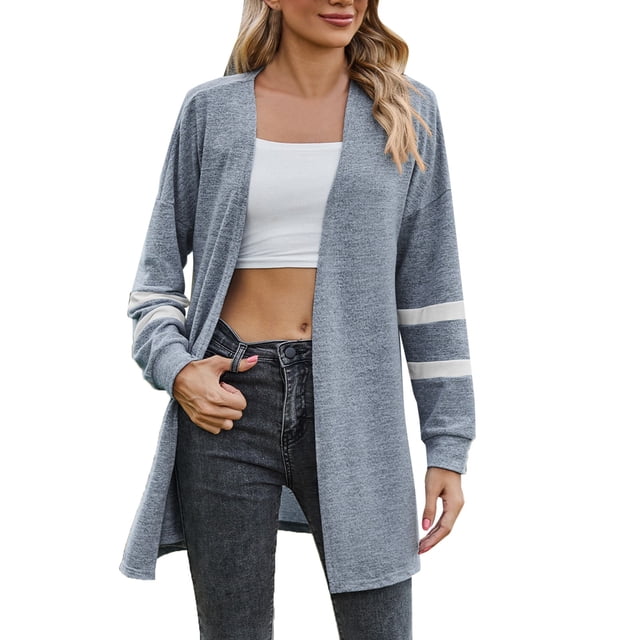 Gibobby Cárdigan para mujer Cárdigan de punto grueso para mujer con parte delantera abierta con bolsillos manga larga color liso para mujer(Azul claro,CH)