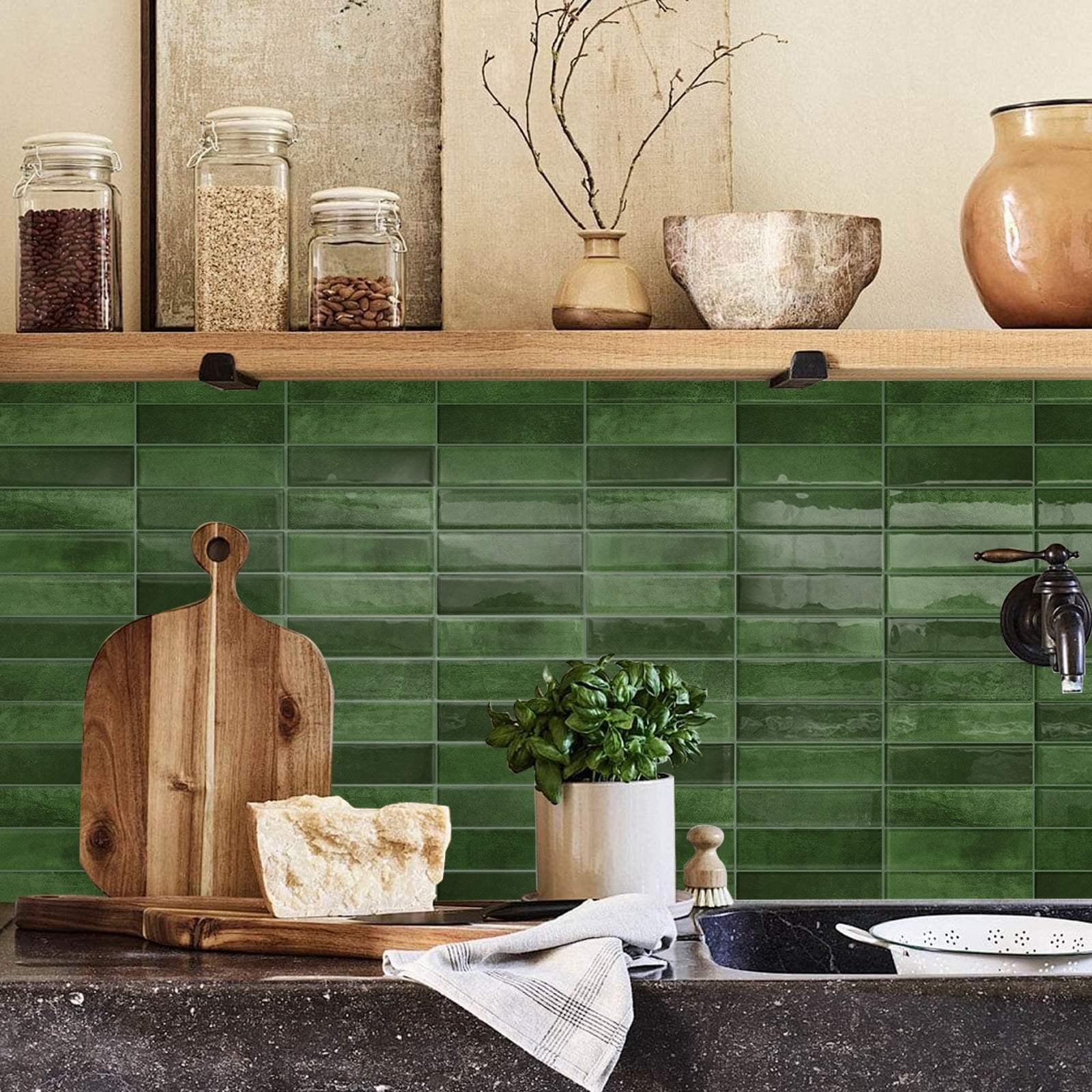 DEWOO 10 Sheet Peel and Stick Backsplash Tile,3D Self Adhesive Wall Tiles Stick on Backsplash for Kitchen,Bathroom,Camper (12"×12",Green)