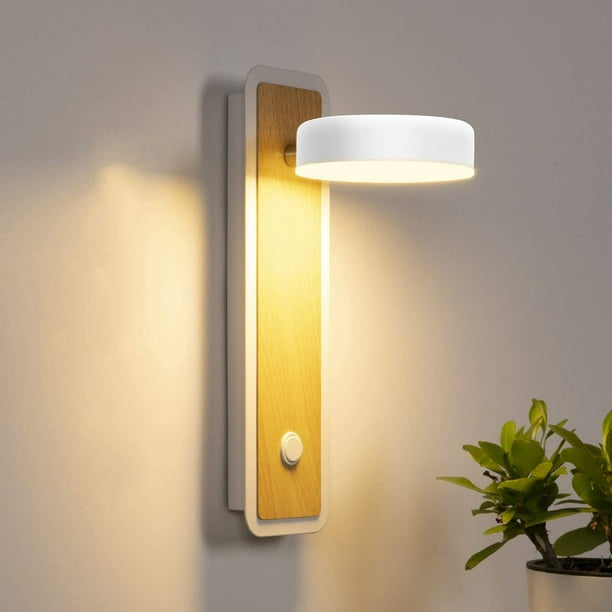 Aplique de pared LED de 12 W, aplique de madera retro moderno para interiores con interruptor, aplique de hierro giratorio de 360 °, adecuado para escaleras, dormitorio, baño, sala de estar (blanco)