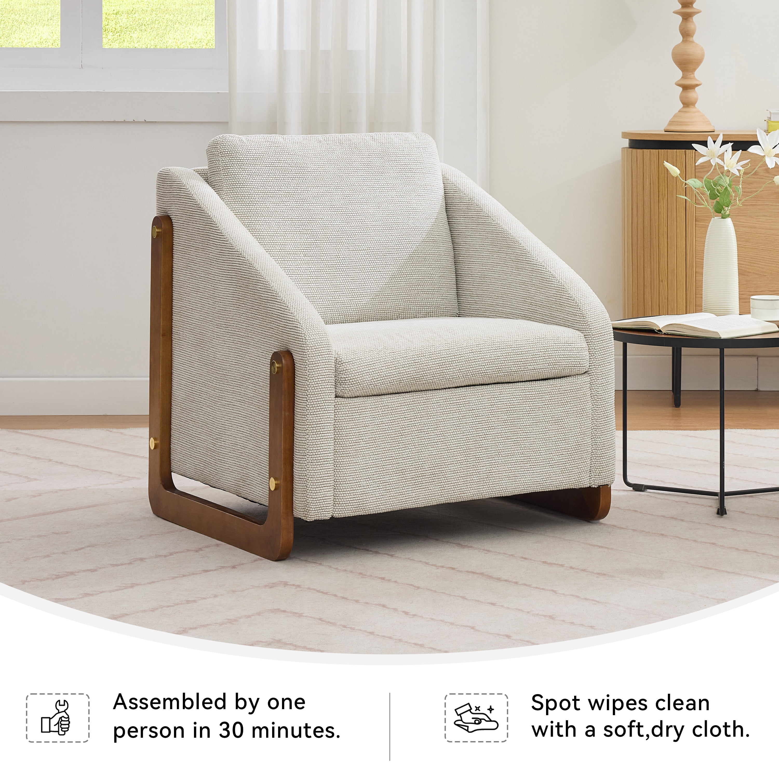 Aukfa Accent Chair Set for 2, Plush Chenille Modern Arm Chair with Naihead Trim, Beige