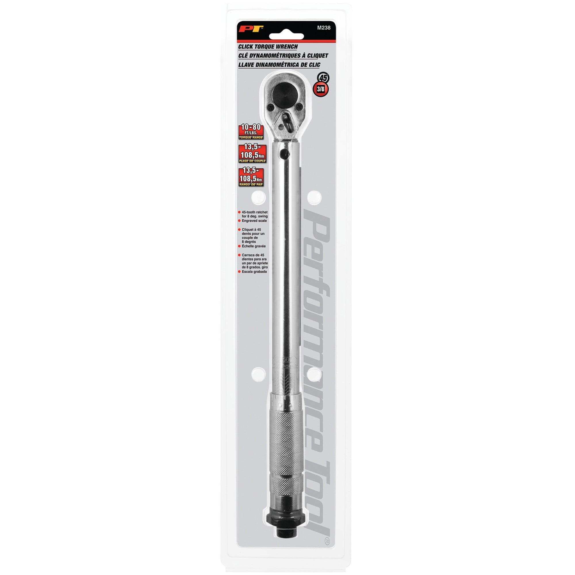 Performance Tool M238 Click Torque Wrench - 3/8 Inch Drive, Adjustable 10 to 80 lbs ft. for Automotive Repair, Garage Maintenance, Chrome-Plated, Calibrated Torque Control