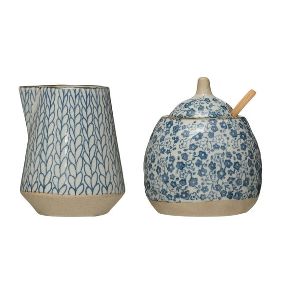 Creative Co-Op Hand-Painted Stoneware Sugar & Creamer (Set of 2 Pieces)