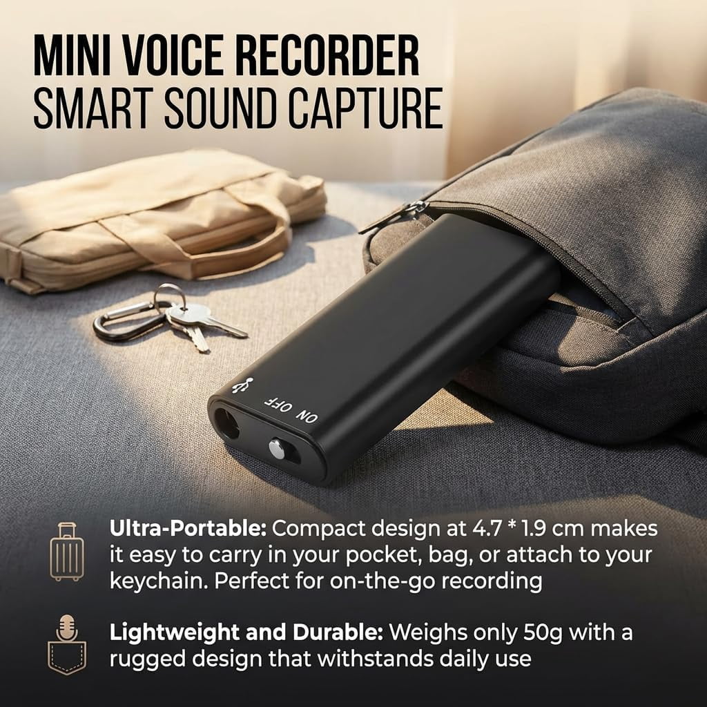 Mini Voice Recorder Smart Sound Capture AI Noise Reduction Digital Audio Recorder Voice Activated Recording Device for Meetings Interviews Lectures