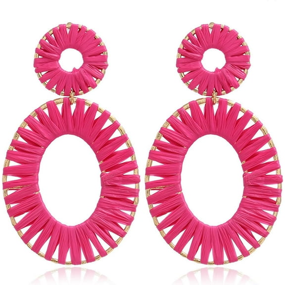 Boho Hoop Dangle Earrings Teal Hot Pink Raffia Earrings for Women Summer Jewelry Statement Lightweight