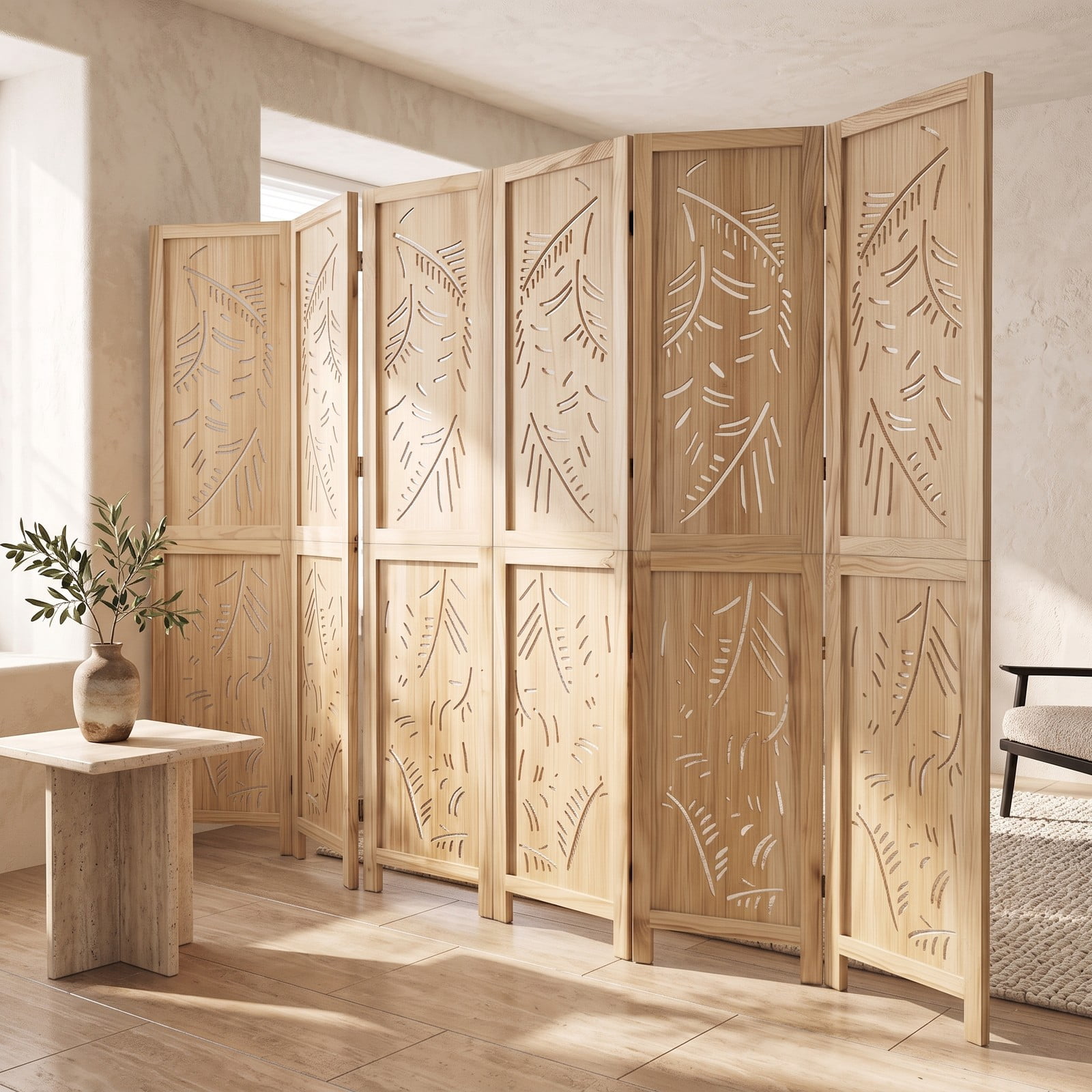 ALPULON 6-Panel Wooden Room Divider Freestanding Folding Privacy Screen with Palm Leaf Design and Paulownia Wood Frame for Home Office Bedroom, Natural