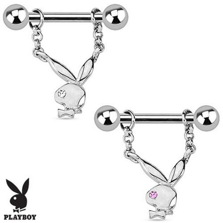 - Playboy Bunny with Single Gem Dangle 316L Surgical Steel Nipple Bar pair