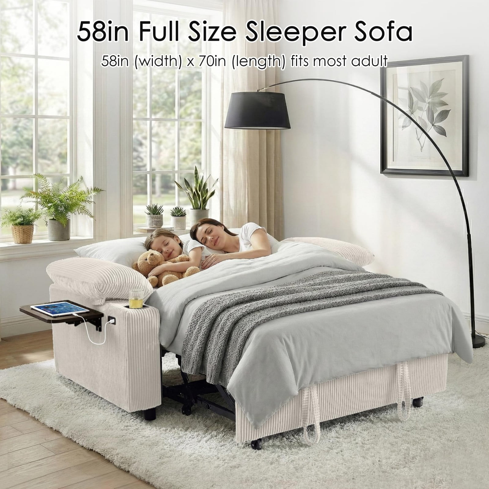 58" Sleeper Sofa Bed, Convertible Pull Out Couch Full Size Loveseat with Corduroy Fabric, USB Charging, Adjustable Backrest for Living Room Apartment Office, Beige