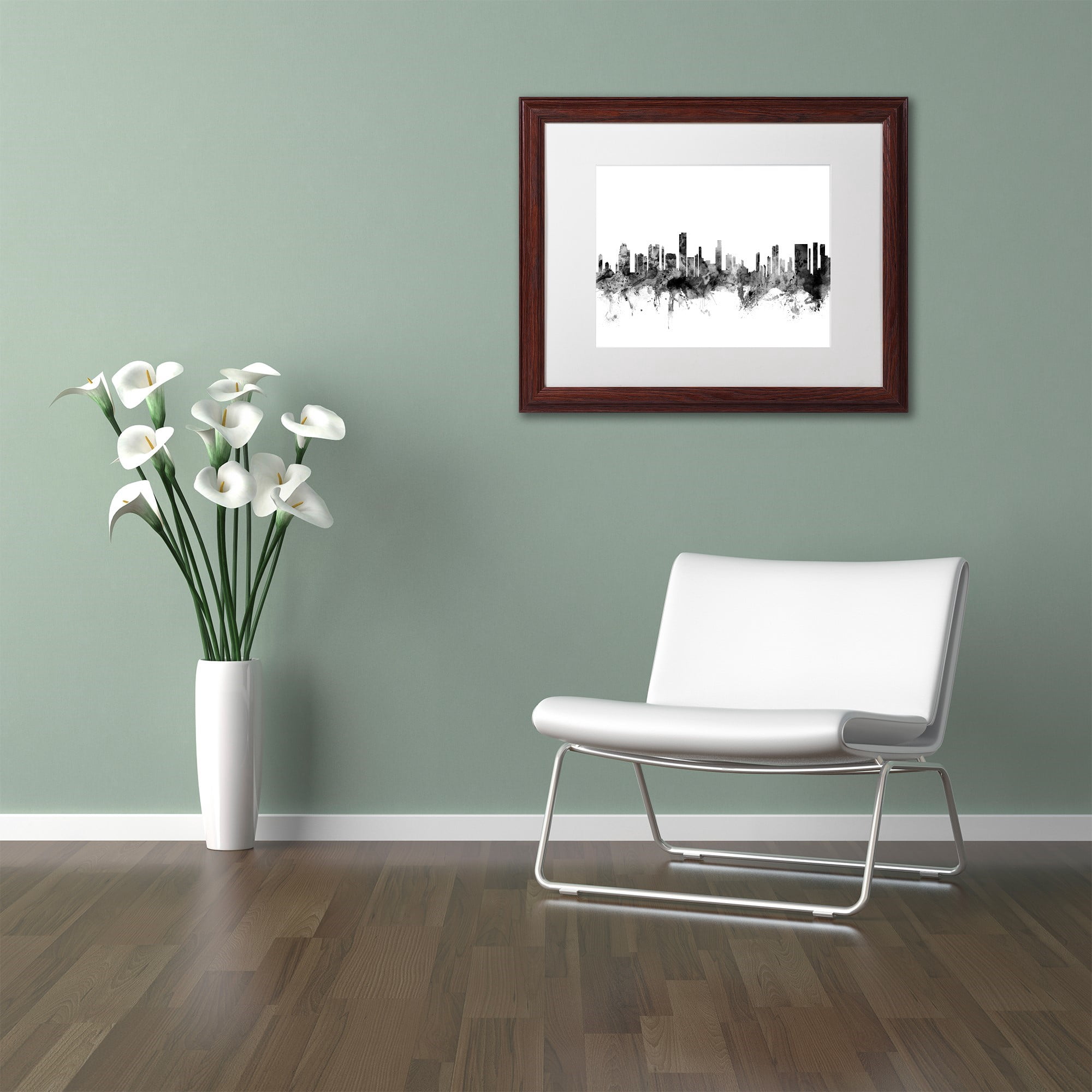 Trademark Fine Art "Honolulu Hawaii Skyline B&W" Canvas Art by Michael Tompsett, White Matte, Wood Frame