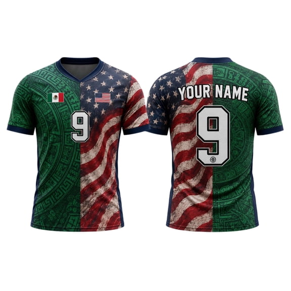 Custom Half USA Half Mexico Fusion Soccer Vneck Jersey, Personalized Name Number Football Shirt, Aztec American Flag Jersey, Soccer Fan Gift S-5XL