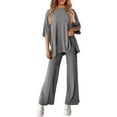 thumbnail image 5 of WTOBBY Women's Loose Fashion Solid Color Split Hem Round Neck Short Sleeve Top and Long Pants Two Piece Casual Summer Set for Women,Gray XL, 5 of 6