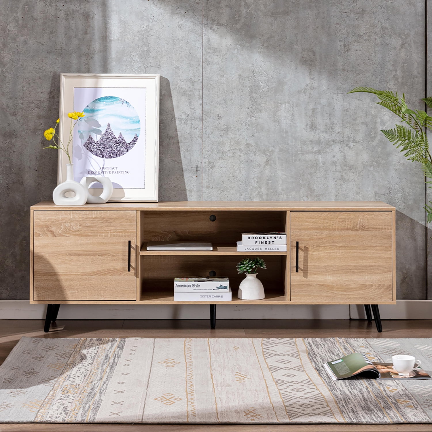 ChVans 70 Inch Mid Century Modern TV Stand for TVs up to 80 inches, Wood TV Stand with Storage, Entertainment Center for Living Room Bedroom, TV Media Console