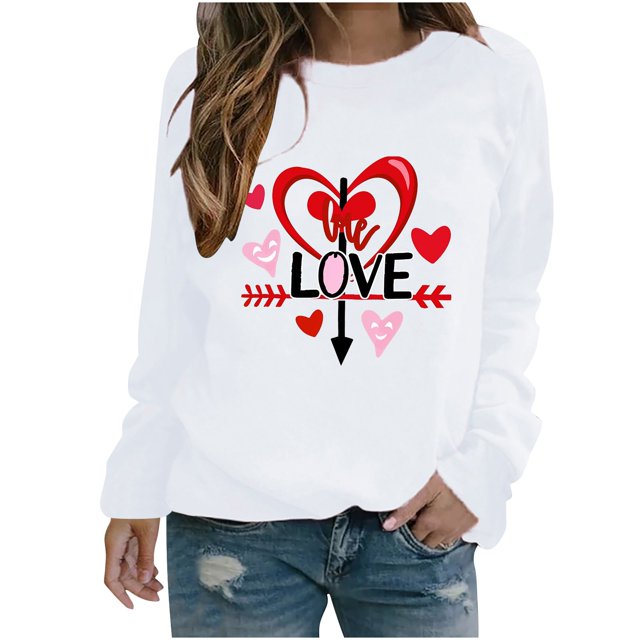 Amzcrzy Sweat-Shirt pour Femmes Col Rond Manches Longues Chemises de la Saint-Valentin Graphiques Amusants Légers Amples Chandail de Vacances